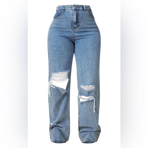 Pretty Little Thing Jeans Women 4 Blue Distress Boyfriend Straight Leg Denim NEW - Picture 3 of 16